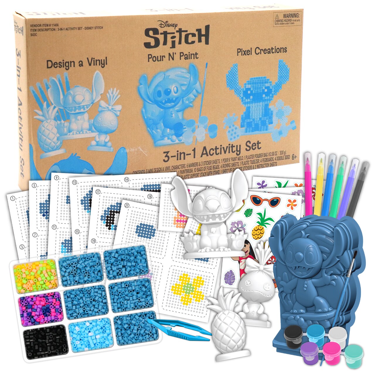 Tara Toy: 3-In-1 Activity Set - Disney Stitch - Craft Kit, 3 DIY Creations: Design A Vinyl Figure, Pour 'N Paint, Pixel Creations 3D Character, Kid 6+
